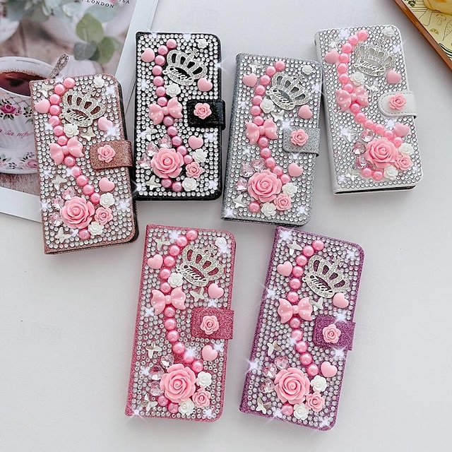  Phone Case For Samsung Galaxy iPhone 16 iPhone 15 Pro Max Plus iPhone 14 13 12 11 Pro Max Plus Mini SE Wallet Case for Women Girl with Stand Holder Magnetic Bling Glitter Shiny Flower Floral TPU