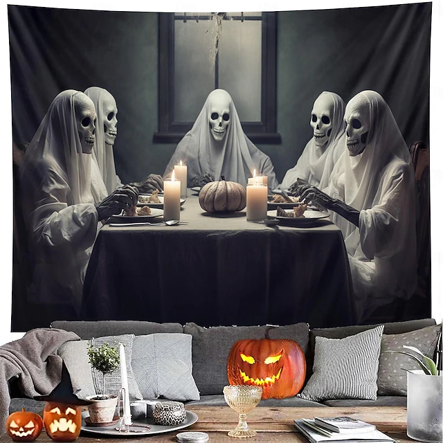 Halloween Decorations Ghosts Dinner Hanging Tapestry Wall Art Large Tapestry Mural Decor Photograph Backdrop Blanket Curtain Home Bedroom Living Room Decoration Pumpkin Haunted House 9