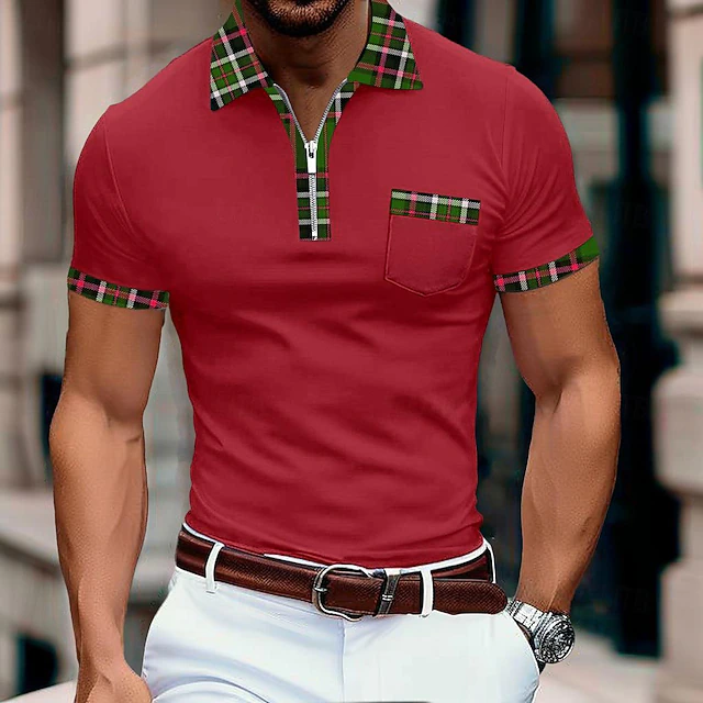 Men's Sports Polo Shirts Golf Shirt Casual Holiday Lapel Quarter Zip Short Sleeve Fashion Basic Plain Quarter Zip Summer Regular Fit Red Sports Polo Shirts 8