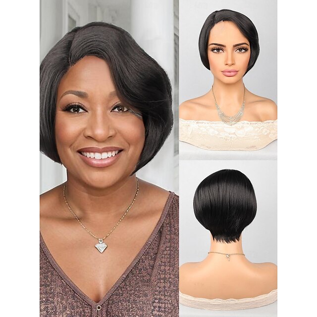  Perruque en dentelle synthétique Droite naturelle Style 10 pouce Nature Noir Bob court Ouverte Perruque Femme Perruque Noir