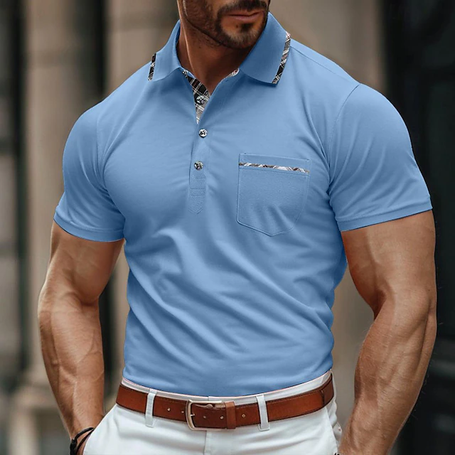 Men's Business Polo Golf Shirt Work Business Lapel Classic Short Sleeve Basic Modern Color Block Patchwork Button Spring & Summer Regular Fit Light Blue Black Light Grey Green Khaki Dark Blue 11