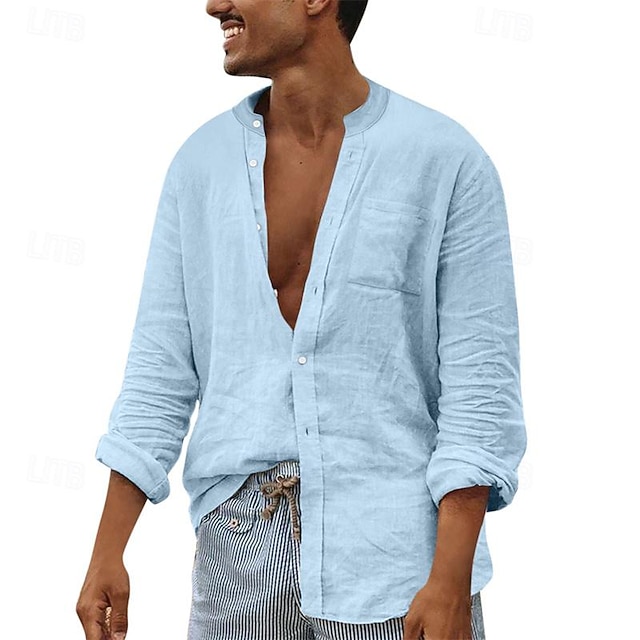  Per uomo Camicia Camicia Estiva Camicia casual Camicia da Spiaggia Camicia con Bottoni Nero Bianco Blu marino Marrone Kaki Manica Lunga Semplice Colletto alla coreana Vacanza Camicia hawaiana Tasca