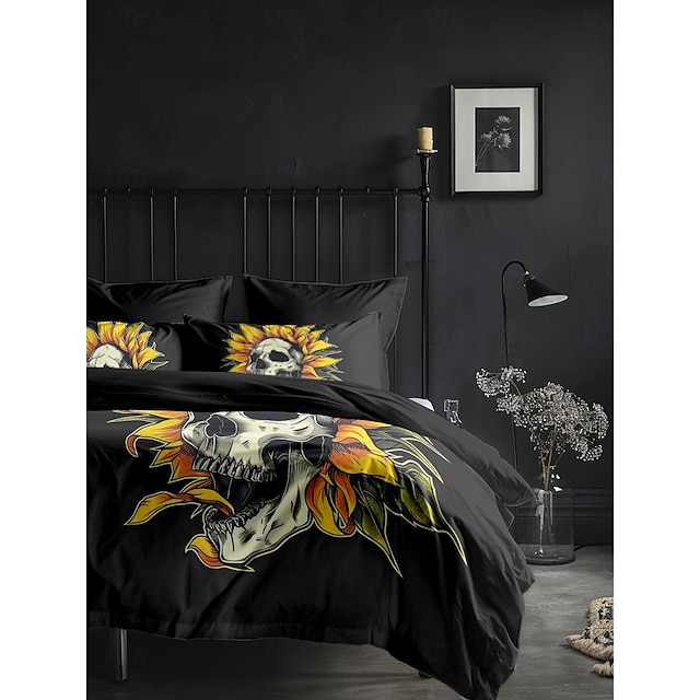  Conjunto de capa de edredom com caveira floral de Halloween – inclui capa de edredom e fronhas – design assustador e festivo – tecido macio e confortável – perfeito para decoração de casa de Halloween