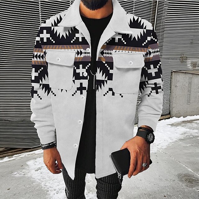 Men's Cowboy Western Shirt Shirt Jacket Long Sleeve Vintage Casual Daily Wear Going out Fall & Winter Turndown Buttons 3D Print 2 Pockets Gray4