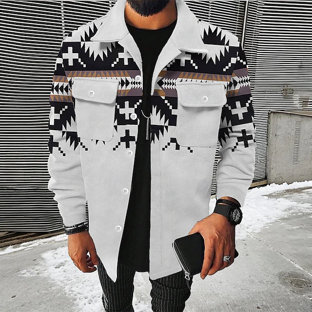 Men's Cowboy Western Shirt Shirt Jacket Long Sleeve Vintage Casual Daily Wear Going out Fall & Winter Turndown Buttons 3D Print 2 Pockets Gray4