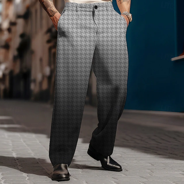 Men's Houndstooth Dress Pants Mid Waist Business Casual Formal Dailywear Zipper Pocket Straight Leg Trousers Summer Spring Fall 3D Print Gray 5