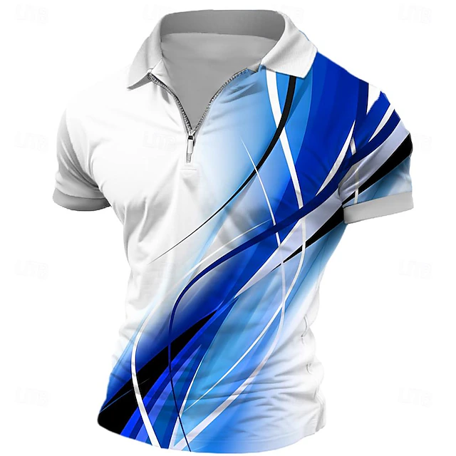 Men's Geometric Zip Polo Shirts Golf Shirt Short Sleeve Polo Shirts Collared Shirts Business Casual Vacation Wear Formal Wear Festival Wear 3D Print Quarter Zip Polo Summer Spring Blue4