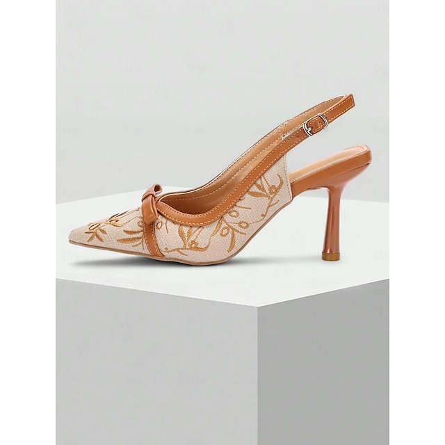  kvinnors beige och bruna broderade slingback klackar med rosettdetalj för sommaren och formella evenemang