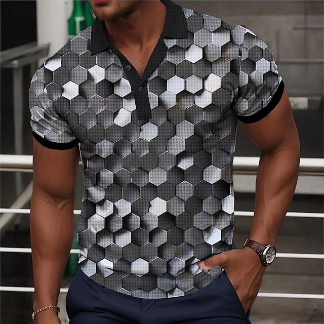 Men's Graphic Waffle Polo Shirts Golf Shirt Short Sleeve Polo Shirts Collared Shirts Casual Vacation Wear Rave Wear Party Outfits Buttons 3D Print Spring & Summer Gray4