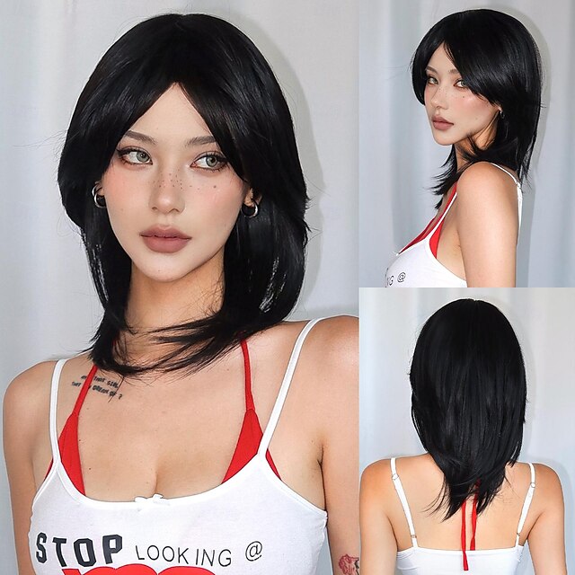  Parrucche sintetiche Uniformi Costumi di carriera Da principessa Liscio Kinky liscia Parte di mezzo Taglio scalato A macchina Parrucca 18 pollici Nero Capelli sintetici Per donna Cosplay Feste Di