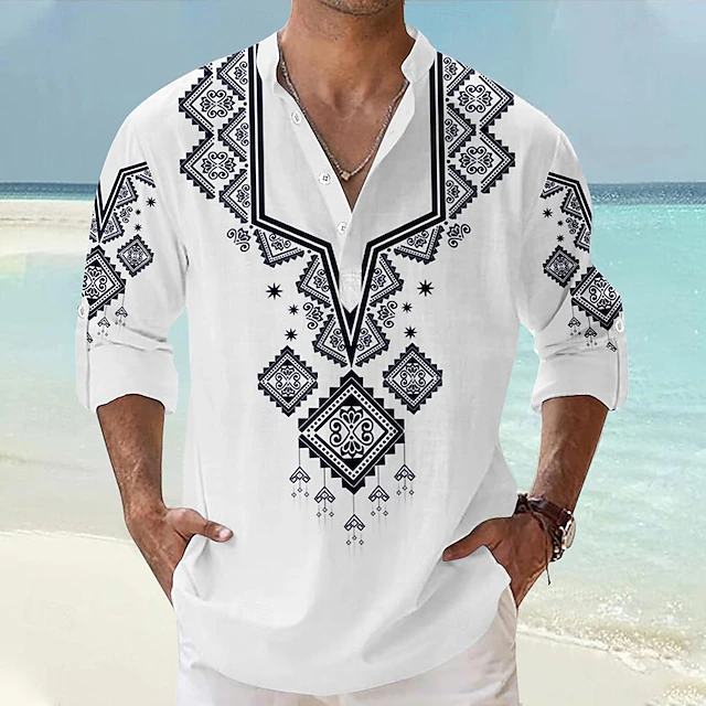 Men's Ethnic Shirt Button Up Shirt Henley Shirt Long Sleeve Vintage Casual Tribal Vacation Daily Beach Summer Winter Spring & Fall Stand Collar Button Up 3D Print Light Blue White Green 6