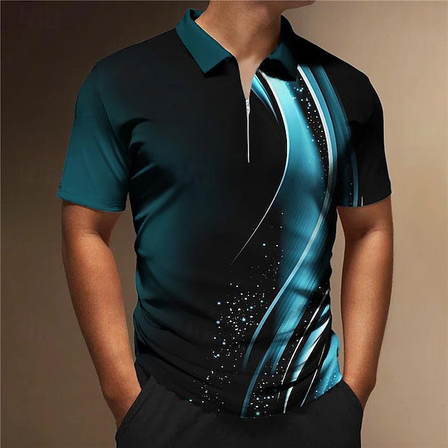 Men's Geometric Zip Polo Shirts Golf Shirt Short Sleeve Polo Shirts Collared Shirts Business Casual Vacation Wear Formal Wear Festival Wear 3D Print Quarter Zip Polo Wine Blue 5