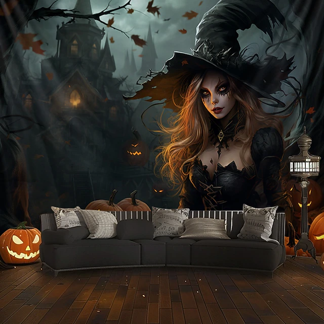 Halloween Decorations Witch Hanging Tapestry Wall Art Large Tapestry Mural Decor Photograph Backdrop Blanket Curtain Home Bedroom Living Room Decoration 13
