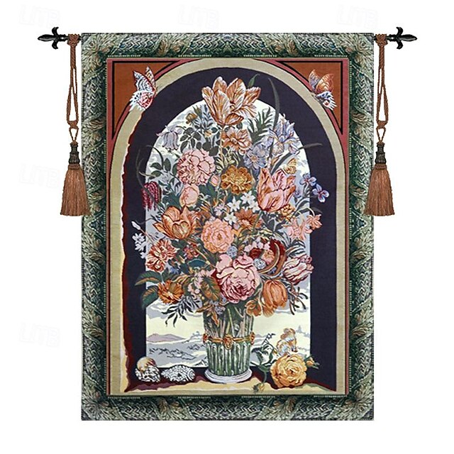  Jacquardgewebter Wandteppich, Gobelin, Aubusson-Wandkunst, zum Aufhängen, großer Aubusson-Wandteppich, Reproduktion eines Webstuhls aus Baumwolle, Blumenstrauß, belgischer Wandteppich (ohne Quasten
