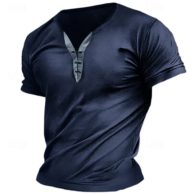 Men's T Shirt Tee Top Short Sleeve V Neck Spring & Summer Plain Fashion Designer Basic Lace up Vacation Street Going out Army Green Dark Grey Black Top Tee for Men 14