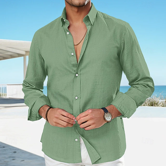 Men's Linen Shirt Summer Shirt Beach Wear Casual Shirt Button Up Shirt Plain Vacation Curise Black White Pink Royal Blue Long Sleeve Lapel Spring & Summer Clothing Apparel 12