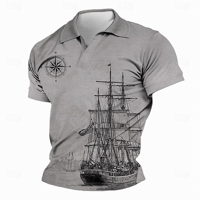Music Festival Men's Nautical Polo Shirts Golf Shirt Short Sleeve Polo Shirts V Neck Vacation Wear Boat Wear Party Outfits 3D Print Spring & Summer Gray4