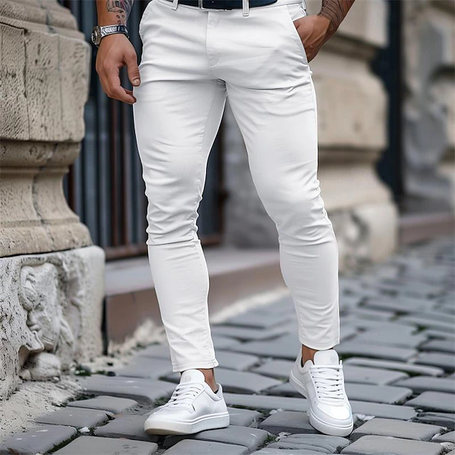 Men's Trousers Chinos Chino Pants Casual Pants Pocket Plain Comfort Breathable Full Length Outdoor Daily Going out Fashion Streetwear Black White Micro-elastic 7