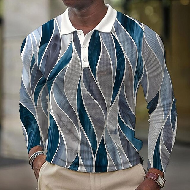 Men's Waffle Polo Shirts Golf Shirt Long Sleeve Polo Shirts Collared Shirts Vacation Wear Formal Wear Festival Wear Buttons 3D Print Summer Blue4