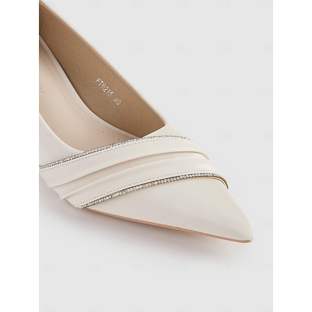 Women's Elegant White Kitten Heel Pumps with Rhinestone Trim for