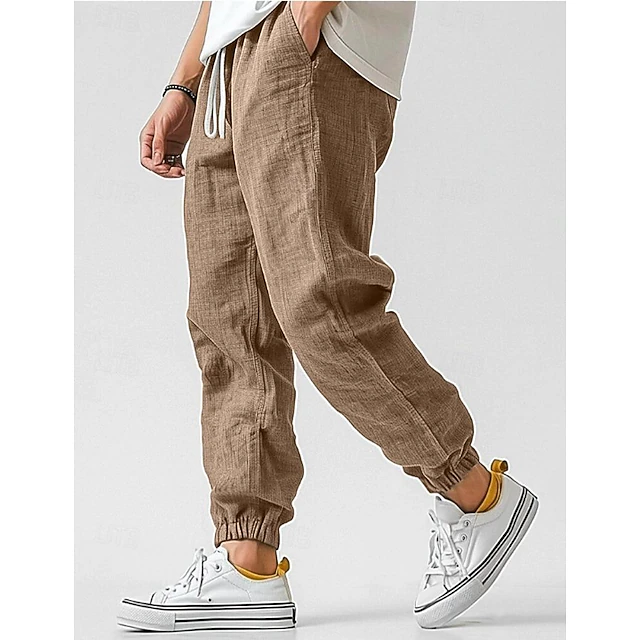 Men's Linen Pants Trousers Summer Pants Elastic Waist Straight Leg High Rise Solid Color Comfort Breathable Full Length Wedding Holiday Vacation Fashion Gray Green Black High Waist Inelastic2