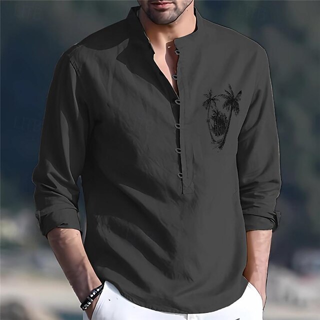 Men's Shirt Linen Shirt Minimalist Aloha Shirt Chinese Collar Shirt Mandarin Collar Shirt Popover Shirt Coconut Tree Vacation Hawaiian Black Blue Long Sleeve Stand Collar Spring &  Fall Clothing3
