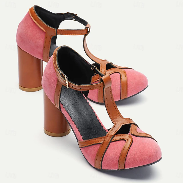 Women's Elegant Pink and Brown Suede T-Strap Chunky Heel Pumps for Vintage and Retro Style 6