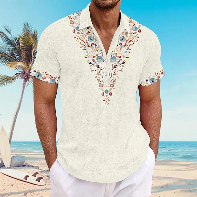 Men's Floral Button Up Shirt Henley Shirt Short Sleeve Hawaiian Resort Outdoor Business / Ceremony / Wedding Casual Summer Spring Fall Turndown White Blue Khaki 6