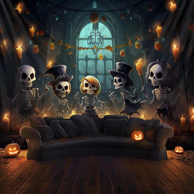 Halloween Decorations Cute Skeleton Hanging Tapestry Wall Art Large Tapestry Mural Decor Photograph Backdrop Blanket Curtain Home Bedroom Living Room 11