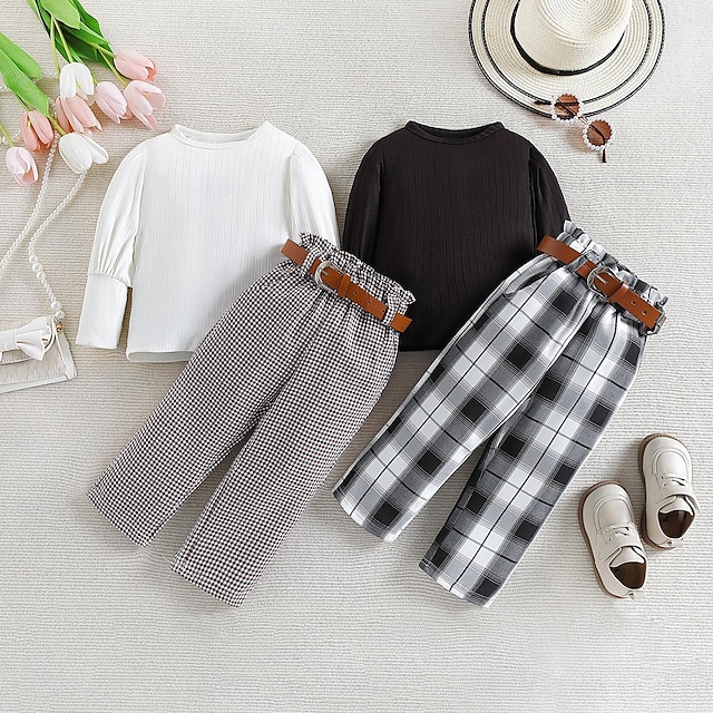  Mädchen 3D Feste Farbe Plaid T-Shirt & Hose Set Langarm Sommer Brautkleider schlicht Streetstyle Baby 1-5 Jahre Rundhalsausschnitt Outdoor Lockere Passform
