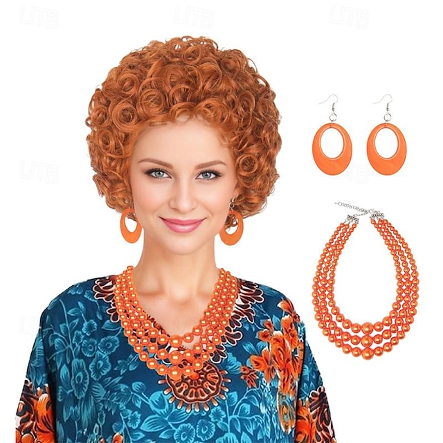  Krátká kudrnatá paruka pro ženy červená oranžová paruka s velkým oranžovým šperkovým setem karnevalová párty paruka kostým Halloween paruky