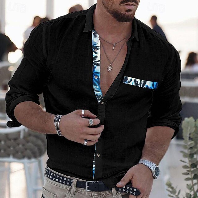 Men's Shirt Summer Shirt Button Up Shirt Casual Shirt Beach Shirt Black Blue Long Sleeve Color Block Lapel Hawaiian Holiday Front Pocket Clothing Apparel Fashion Casual Comfortable3