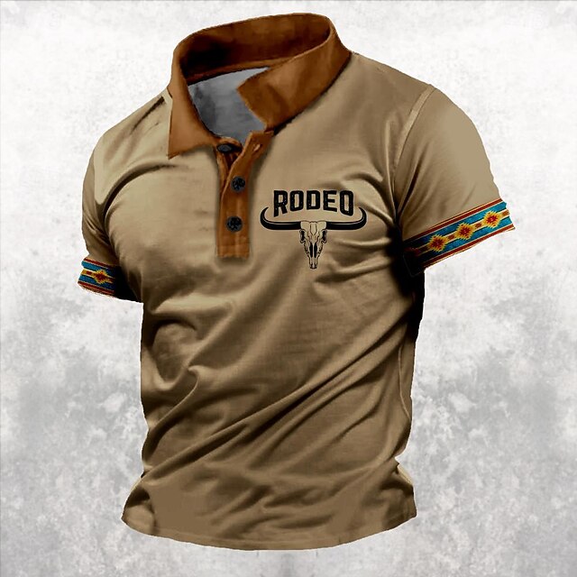 Men's Western Wear Polo Shirts Golf Shirt Short Sleeve Polo Shirts Collared Shirts Casual Vacation Wear Party Outfits Buttons 3D Print Spring & Summer Khaki4