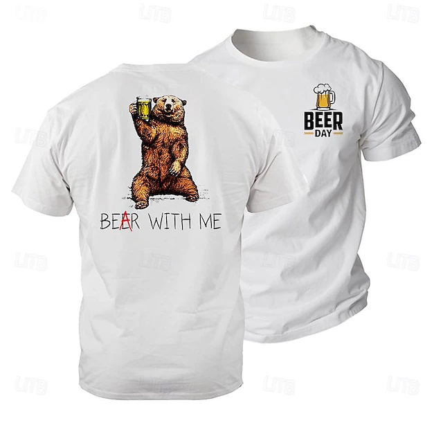 Men's Humorous 'Bear With Me' Beer Pun Short Sleeve Graphic T-Shirt 10