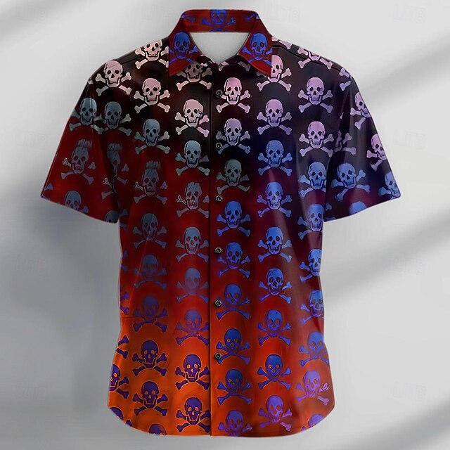 Halloween Men's Skull Halloween Costumes Shirt Button Up Shirt Short Sleeve Casual Vacation Daily Summer Turndown Collared Shirts Button Up 3D Print Red4