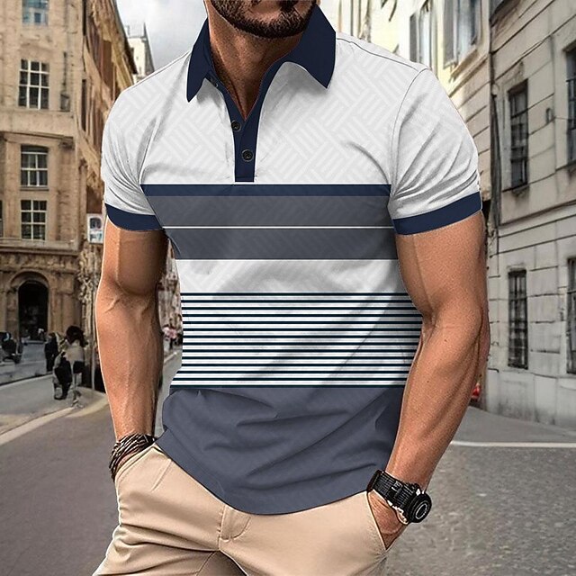 Men's Striped Polo Shirts Golf Shirt Short Sleeve Polo Shirts Collared Shirts WorkWear Formal Wear Festival Wear Buttons 3D Print Spring & Summer White4