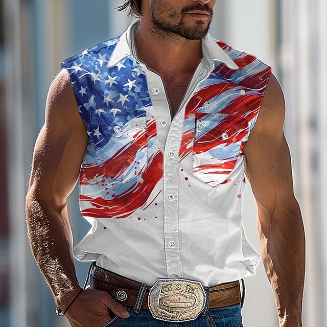 Men's American / USA National Flag Shirt Western Shirt Cowboy Shirt Sleeveless Western Style Outdoor Party Work Summer Spring Shirt Collar White4
