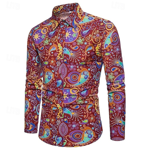 Men's Boho Shirt Button Up Shirt Paisley Tribal Vintage Turndown Red ...