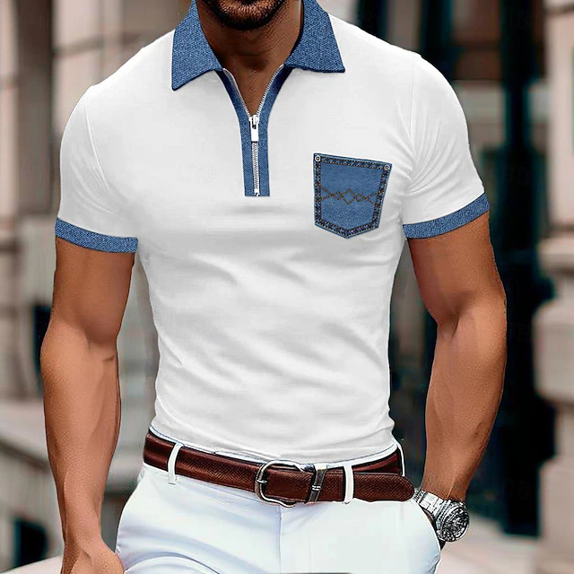 Men's Polo Shirt Golf Shirt Casual Holiday Lapel Quarter Zip Short Sleeve Fashion Basic Color Block Quarter Zip Summer Regular Fit Light Blue Black White Khaki Dark Grey Polo Shirt 8