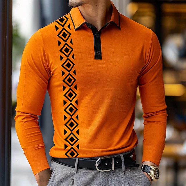 Men's Geometric Polo Shirts Golf Shirt Long Sleeve Polo Shirts Collared Shirts Casual Vacation Wear Party Outfits 3D Print Buttons Fall & Winter Orange4
