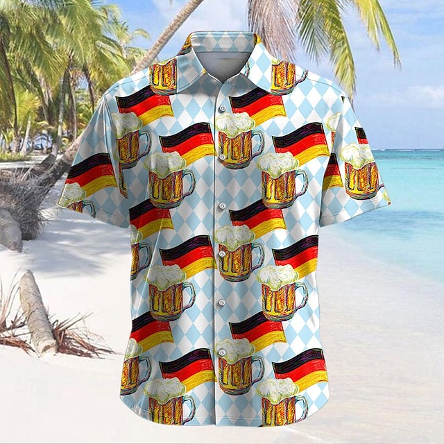  Homens Alemanha Cerveja Camisa havaiana Camiseta Aloha Manga Curta Havaiana Casual Recorrer Ao ar livre Férias Rua Verão Primavera Aberto para a Lateral Imprimir Amarelo Azul