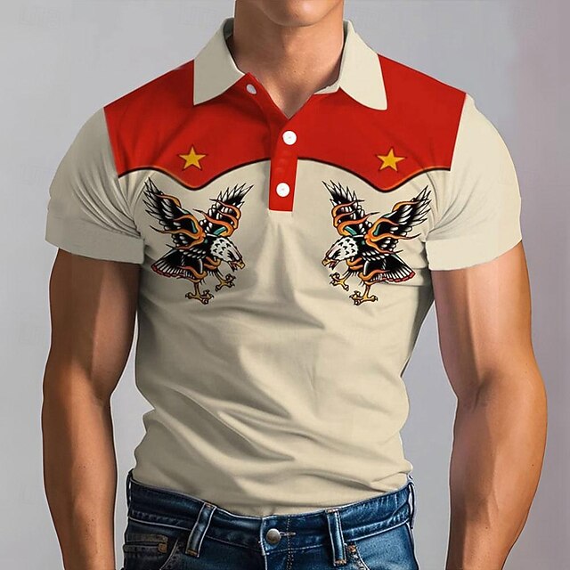 Men's Western Wear Polo Shirts Golf Shirt Short Sleeve Polo Shirts Collared Shirts Vacation Wear Party Outfits Buttons 3D Print Spring & Summer Khaki4