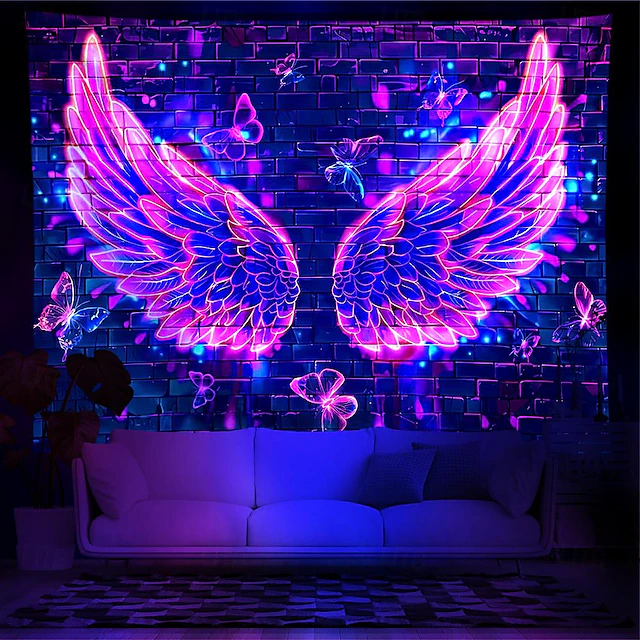 Blacklight Tapestry UV Reactive Glow in the Dark Angel Wing Glow Party Photograph Backdrop Trippy Misty Hanging Tapestry Wall Art Mural for Living Room Bedroom 5