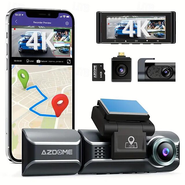  4K Ultra HD 3-Channel Car Recorder 2K1080P1080P inside front and rear 3.19-inch IPS screen Super Night Vision Built-in 5G WiFi and GPS Rear Camera Mirror Flip Function 24-Hour Parking Mode