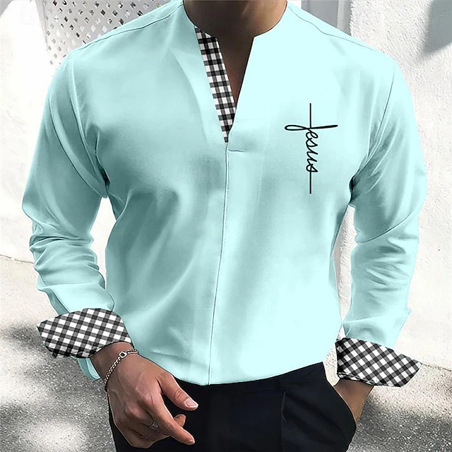 Men's Shirt Summer Shirt Casual Shirt Sky Blue khaki Gray Light Blue Long Sleeve Plaid Color Block Faith V Neck Holiday Vacation Patchwork Clothing Apparel Fashion Chinese Style Casual Comfortable 5