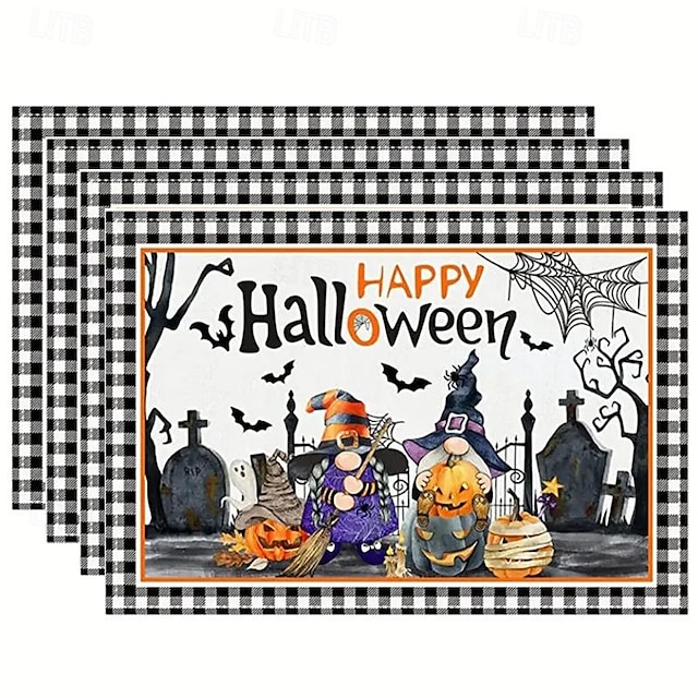  4 unidades / conjunto de jogos americanos de Halloween, morcegos de caminhão fantasma de abóbora de 12 x 18 polegadas, xadrez de búfalo, linho lavável, tapetes de mesa de jantar, casa de fazenda,