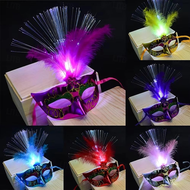  6 pakker kvinder venetiansk venedig fjer led maske lysende maskerade maske polterabend fancy kjole prinsesse bold masker karneval maske
