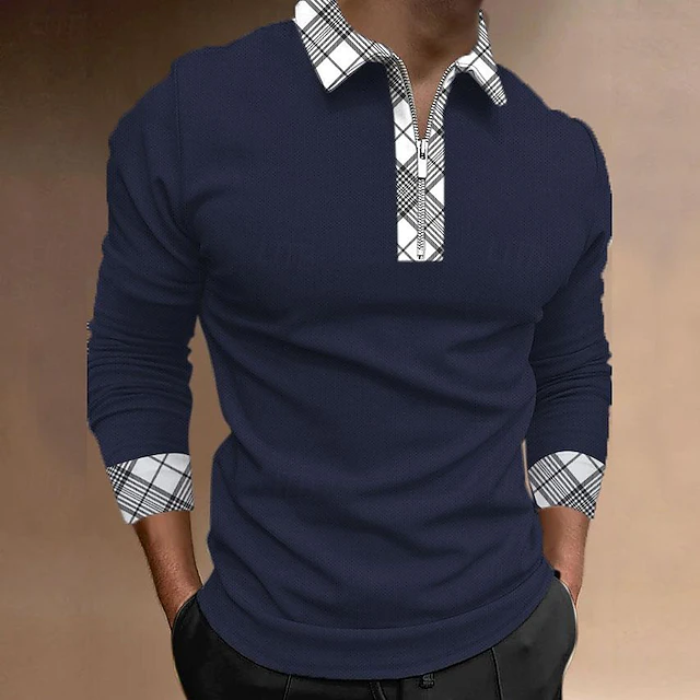 Men's Plaid Zip Polo Shirts Golf Shirt Long Sleeve Polo Shirts Collared Shirts WorkWear Formal Wear Festival Wear 3D Print Quarter Zip Polo Fall & Winter Black White Blue 7