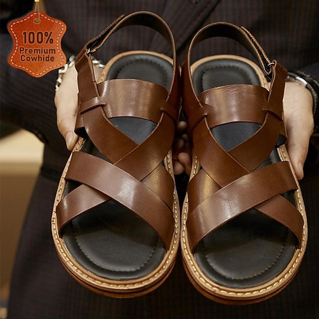  sandali da uomo in pelle di vacchetta premium: comode calzature estive con cinturino incrociato per abbigliamento casual e formale