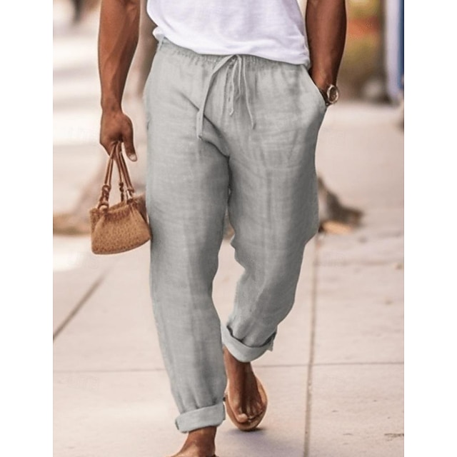  Homens Calças de linho Calças Calça verão Com Cordão Cintura elástica Tecido Conforto Respirável Comprimento total Diário Para Noite Praia Moda Simples Azul Marinha Azul Céu Micro-Elástica